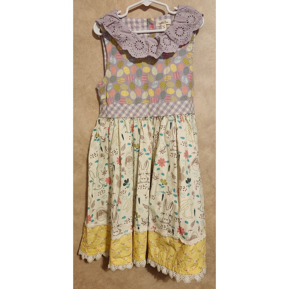 Matilda Jane Girls Easter Bunny Egg Mixed Print Dress Purple Lace Trim Size 8